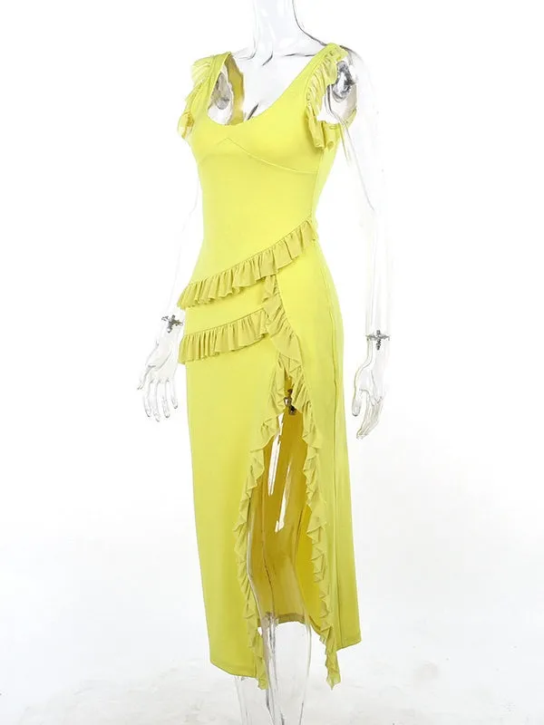 Yellow Ruffles Elegant Long Party Midi Dresses