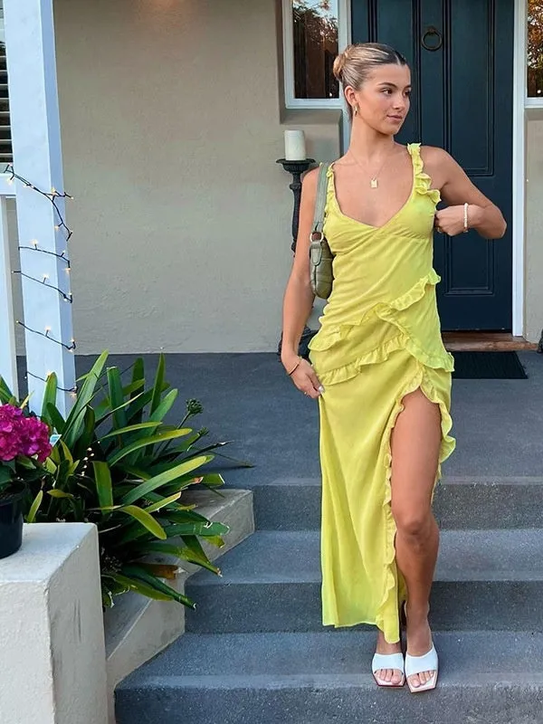 Yellow Ruffles Elegant Long Party Midi Dresses
