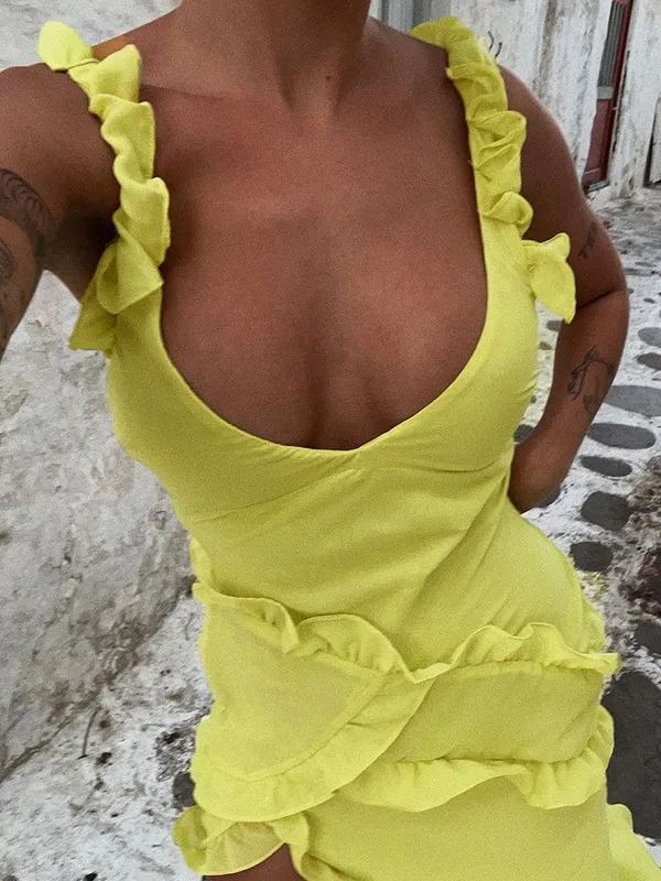 Yellow Ruffles Elegant Long Party Midi Dresses