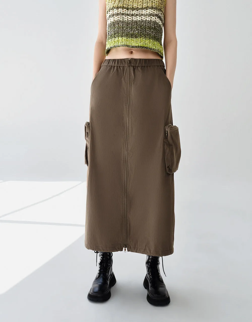 Zipper Front Utility A-Line Skirt